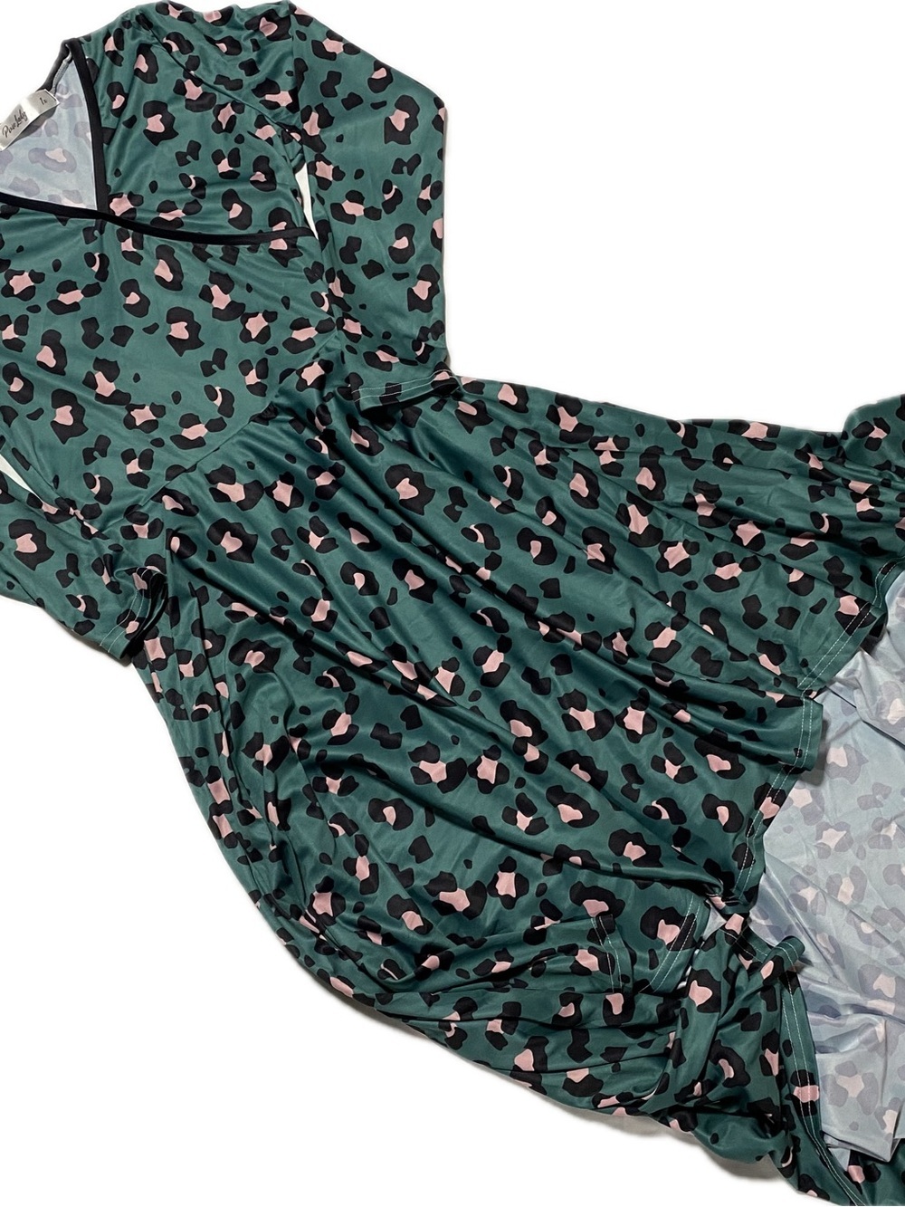Women’s Green High-Low Dress with Pink & Black Leopard Print